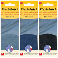 Three packages of Flexi-Patch with blue patches on a yellow background
