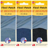 Three packages of Flexi-Patch with blue patches on a yellow background