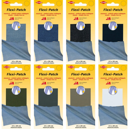 Multiple packages of Flexi-Patch with blue patches on a yellow background