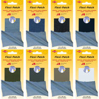 Multiple packages of Flexi-Patch with blue patches on a yellow background