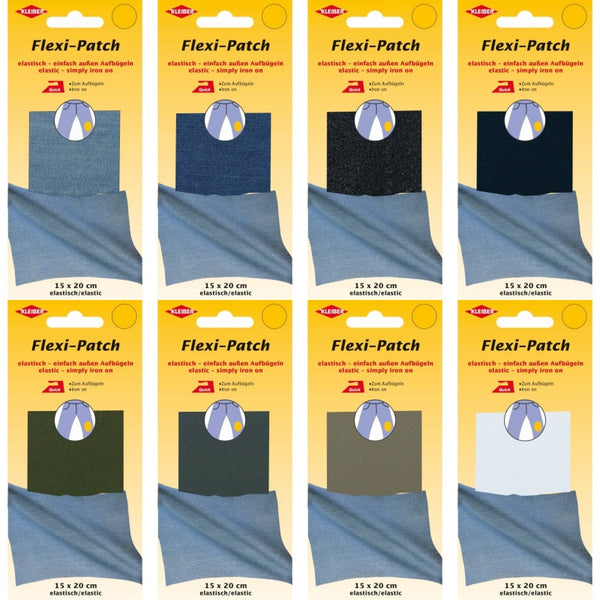 Multiple packages of Flexi-Patch with blue patches on a yellow background