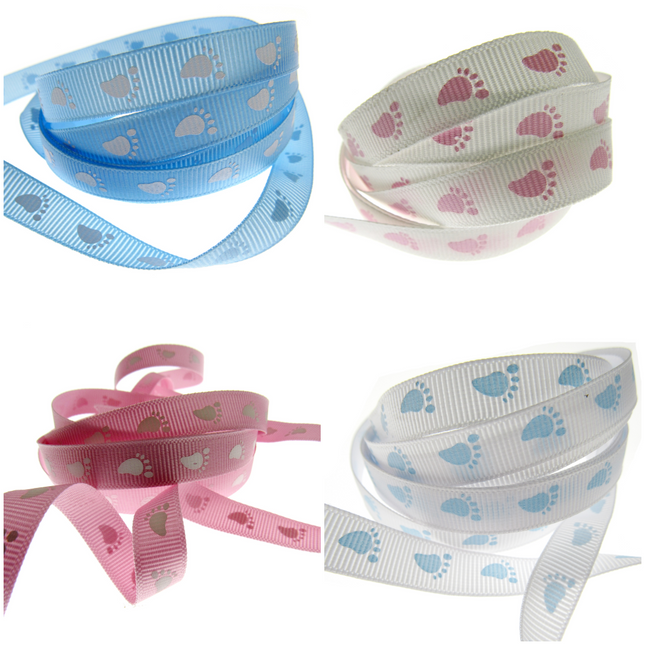 Thin Baby Feet Ribbon - 10mm Narrow Grosgrain Footsteps Ribbon 54268 - ThreadandTrimmings