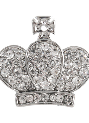 A silver metal diamante crown button with a shank, covered in clear crystals.