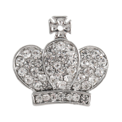 A silver metal diamante crown button with a shank, covered in clear crystals.