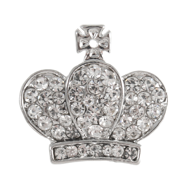 A silver metal diamante crown button with a shank, covered in clear crystals.