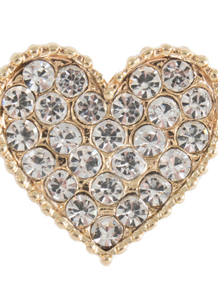 A gold-coloured metal diamante heart button with a shank, featuring a pattern of clear crystals over its surface.