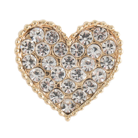 A gold-coloured metal diamante heart button with a shank, featuring a pattern of clear crystals over its surface.