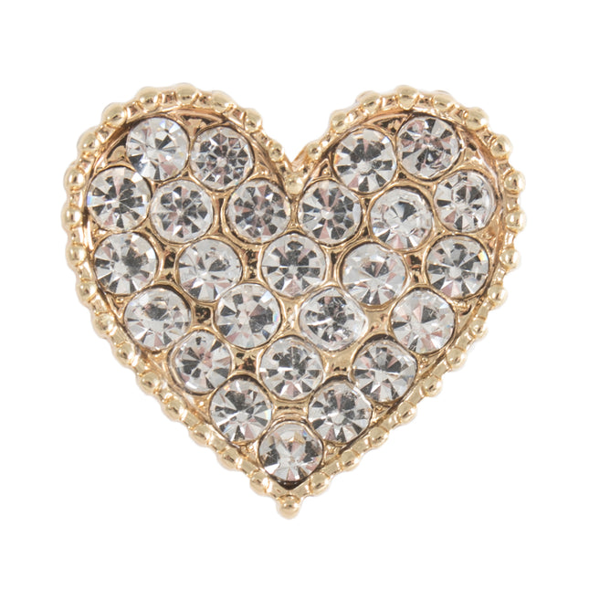 A gold-coloured metal diamante heart button with a shank, featuring a pattern of clear crystals over its surface.