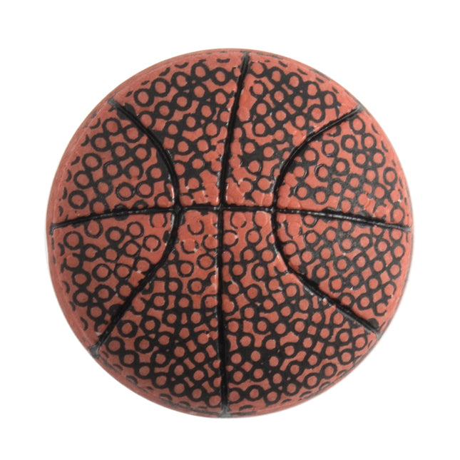 An orange button with black stitching pattern, designed to resemble a basketball, with a shank fastener.