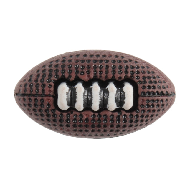 A brown American football-shaped button with white stitching pattern.