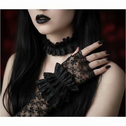 Gothic lifestyle — black broderie anglaise gathered layered wrist and choker close-up