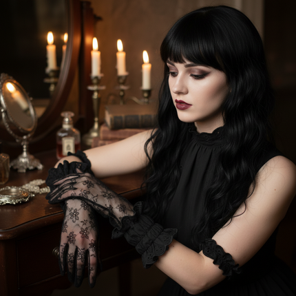 Gothic lifestyle — black broderie anglaise gloves and choker full scene
