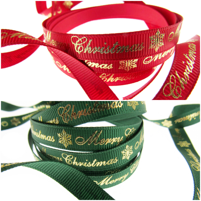 Merry Christmas Grosgrain Ribbon Snowflake 9mm - x 3m Length Red or Green 55098