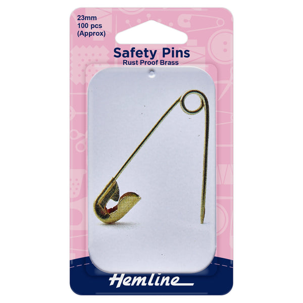 Pack of safety pins with a pink and white label, featuring the brand 'Hemline'.