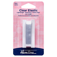 Clear elastic packaging with Hemline branding on a pink background
