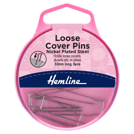 Pink packaging of Hemline loose cover pins with product details on a white background