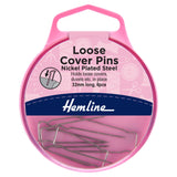 Pink packaging of Hemline loose cover pins with product details on a white background