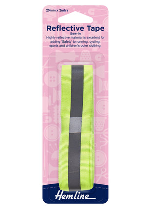 Reflective tape with pink packaging featuring Hemline branding on a white background