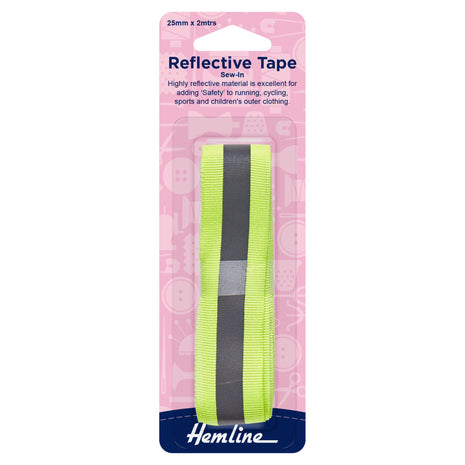 Reflective tape with pink packaging featuring Hemline branding on a white background