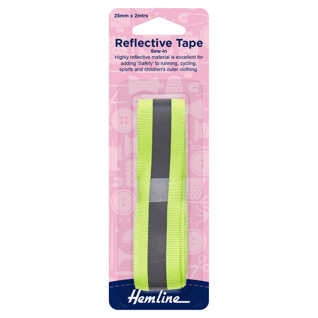 Reflective tape with pink packaging featuring Hemline branding on a white background