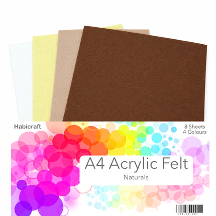 A pack of HabiCraft A4 Acrylic Felt sheets in four natural colors (white, pale yellow, tan, and brown), shown with a colorful rainbow bubble graphic and text overlay on a white background.