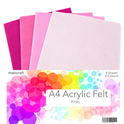 A pack of HabiCraft A4 Acrylic Felt sheets in four shades of pink, displayed fanned out above their retail packaging. The packaging features a colorful rainbow bubble pattern and text indicating '8 Sheets 4 Colours'.