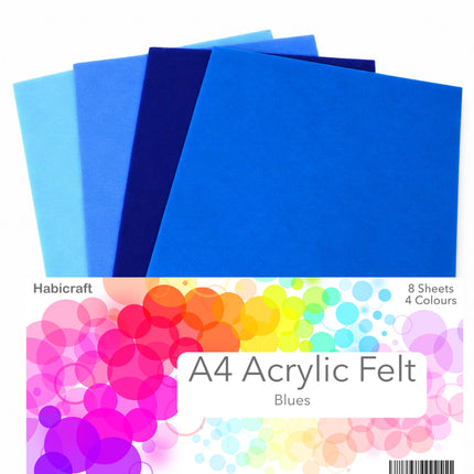 A pack of Habicraft A4 Acrylic Felt sheets in shades of blue, including light blue, medium blue, navy, and royal blue, with a colorful label at the bottom.