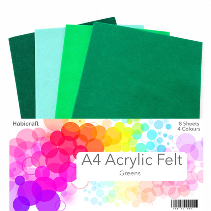 A pack of HabiCraft A4 Acrylic Felt sheets in four different shades of green, displayed with a colorful label overlay showing 'A4 Acrylic Felt Greens' and '8 Sheets 4 Colours'.