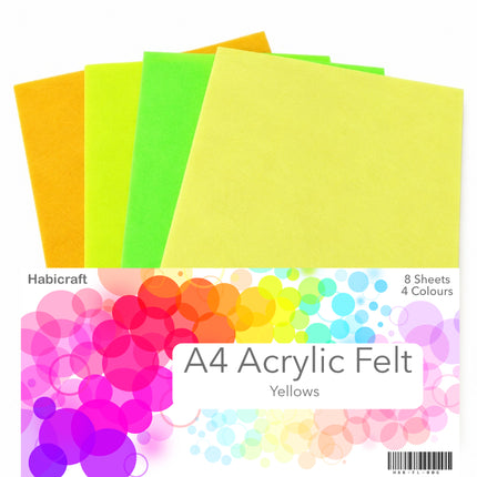 A pack of Habicraft A4 Acrylic Felt sheets in four bright yellow shades, fanned out at the top of the packaging. The packaging features a colorful rainbow bubble pattern and text reading 'A4 Acrylic Felt Yellows' and '8 Sheets 4 Colours'.
