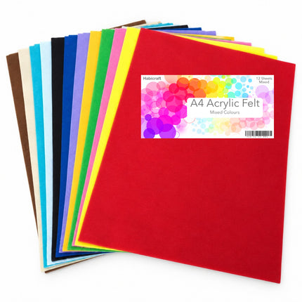 A stack of A4 Acrylic Felt sheets in assorted colors, with a bright red sheet on top and a product label reading 'Hakucraft A4 Acrylic Felt Mixed Colours'.
