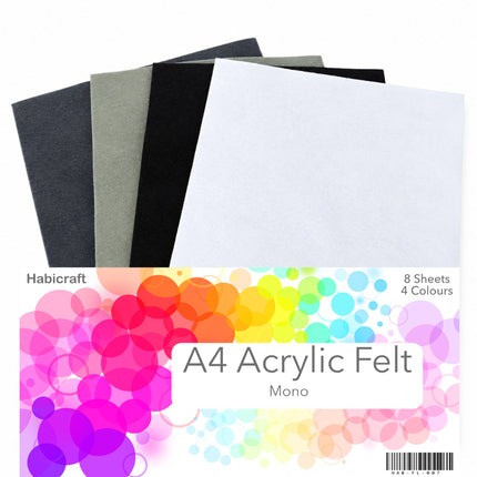 A pack of Habicraft A4 Acrylic Felt sheets in monochrome colors, showing four sheets stacked to display gray, olive green, black, and white. The bottom of the image features a colorful label with rainbow-colored circles and text reading 'A4 Acrylic Felt Mono' and '8 Sheets 4 Colours'.