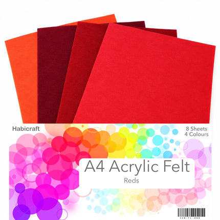 A pack of 8 A4 Acrylic Felt sheets in 4 different shades of red, including orange-red, dark red, and crimson, shown with a colorful label overlay.