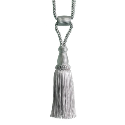 Silver curtain tieback tassel on a white background