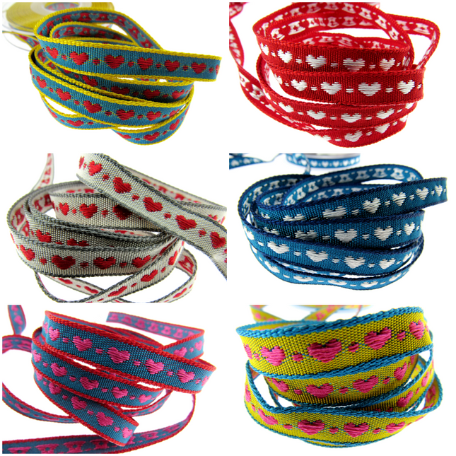 A collection of heart-themed woven braided ribbons in various colors, featuring geometric heart patterns.