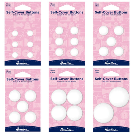Six packages of Hemline plastic nylon self-cover buttons on white background