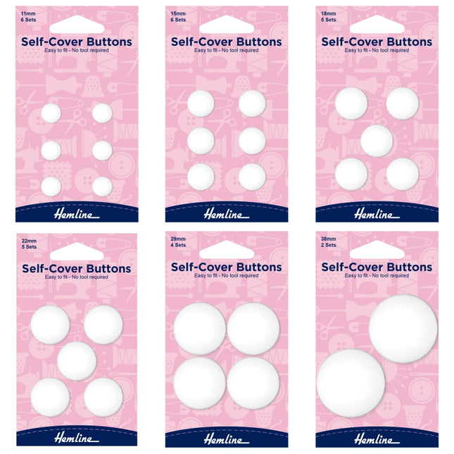 Six packages of Hemline plastic nylon self-cover buttons on white background