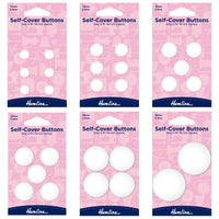 Six packages of Hemline plastic nylon self-cover buttons on white background