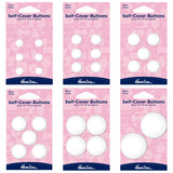 Six packages of Hemline plastic nylon self-cover buttons on white background