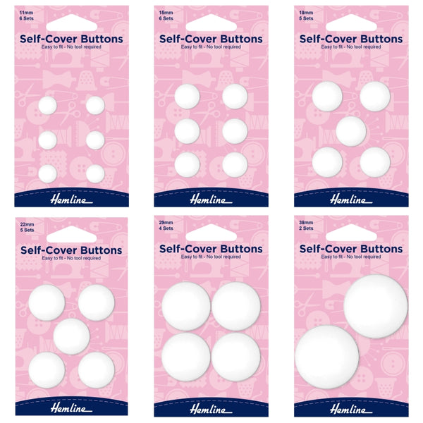 Six packages of Hemline plastic nylon self-cover buttons on white background