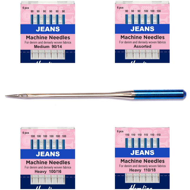 Packaging for Hemline denim jeans sewing machine needles, showing various needle sizes and the needles themselves with a blue tip.