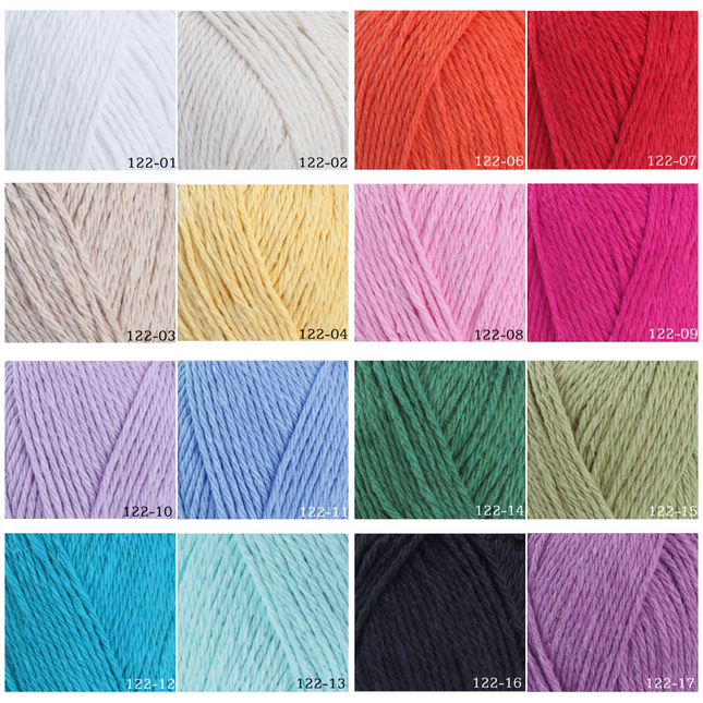 A color palette of various Himalaya dishcloth cotton yarn shades, displayed in a grid format on a white background