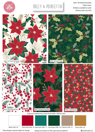 Christmas Cotton Fat Quarters Holly & Poinsettia 5Pk Quilting Craft Bundle 3654