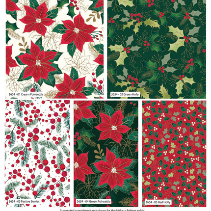 Christmas Cotton Fat Quarters Holly & Poinsettia 5Pk Quilting Craft Bundle 3654