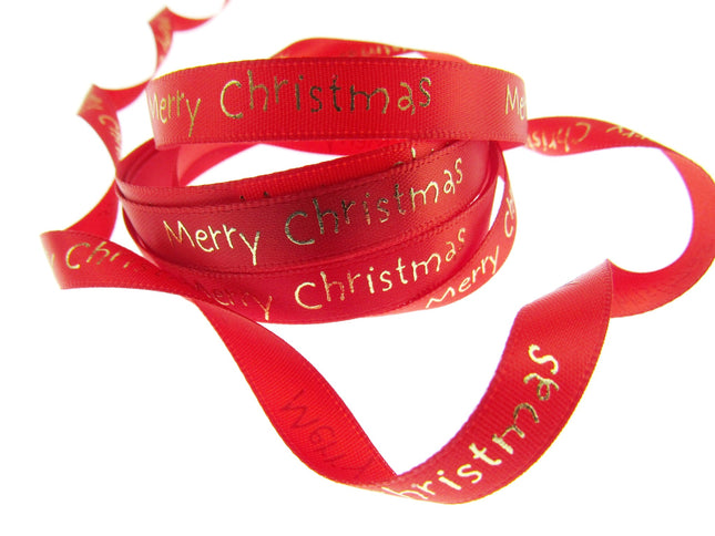 Satin Merry Christmas Ribbon 10mm - Red or Green with Gold Printed Message 54113