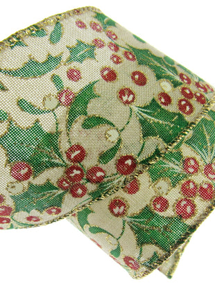 Wired Christmas Ribbon Holly & Berries 38mm/63mm - 2 Meter Length 46085 - ThreadandTrimmings