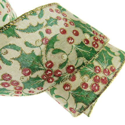 Wired Christmas Ribbon Holly & Berries 38mm/63mm - 2 Meter Length 46085
