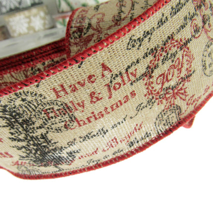 Wired Burlap Merry Christmas Ribbon Have a Holy & Jolly Christmas 25mm/38mm/63mm - ThreadandTrimmings