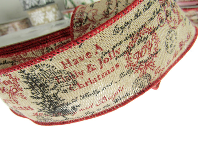 Wired Burlap Merry Christmas Ribbon Have a Holy & Jolly Christmas 25mm/38mm/63mm - ThreadandTrimmings