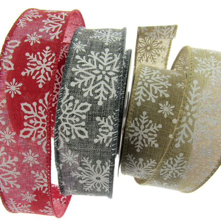 Wired Edge Natural Feel Christmas Ribbon - 38mm Wide - Printed Snowflakes 46071 - ThreadandTrimmings