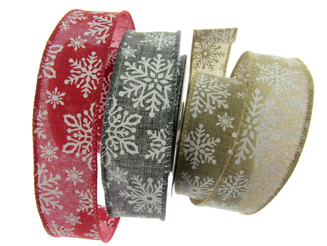 Wired Edge Natural Feel Christmas Ribbon - 38mm Wide - Printed Snowflakes 46071 - ThreadandTrimmings
